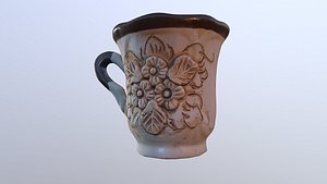 Mug witch flowers, cup clay hand-made low poly 3D model