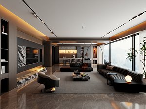 Modern Luxury Living Room Dining Interior Scene Penthouse PBR 3D model