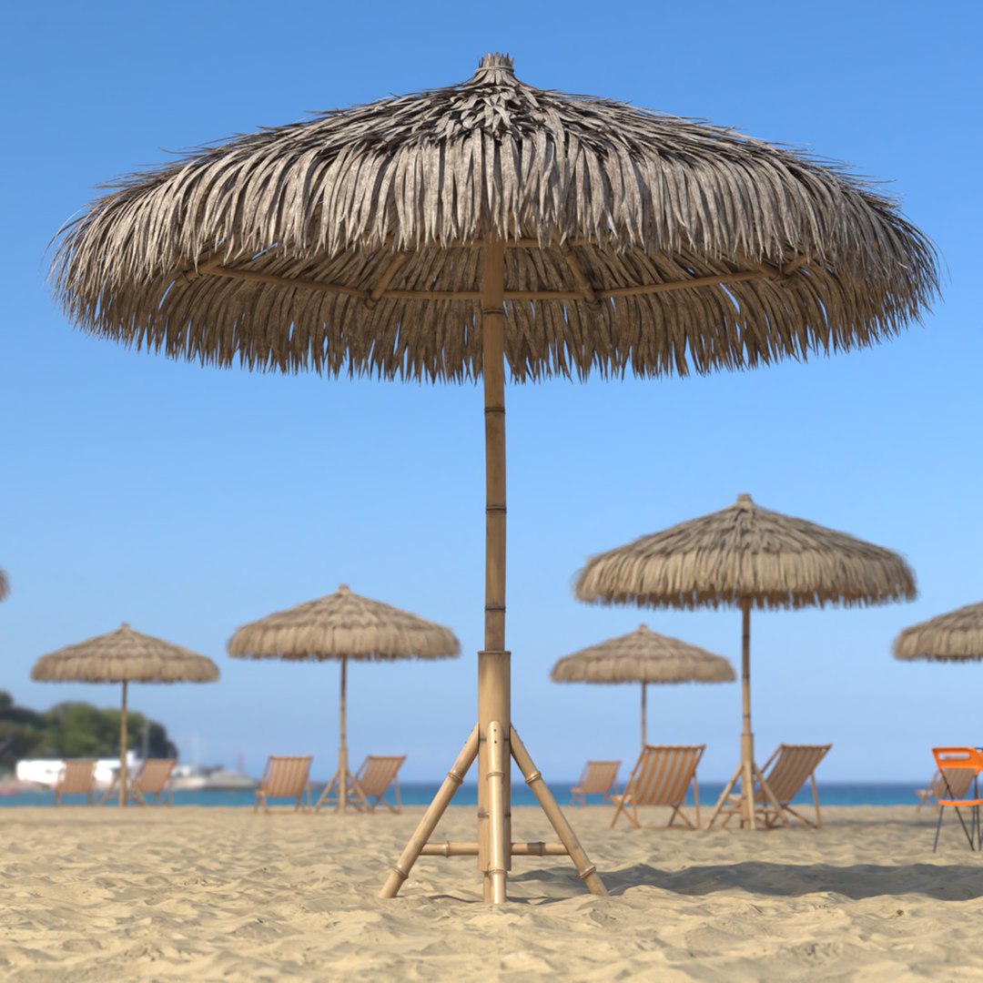 Straw Beach Umbrella with Bamboo Support 3D model preview