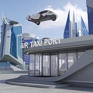 Air Port with Landing Pad and Futuristic Urban Flying Car Rigged 3D model