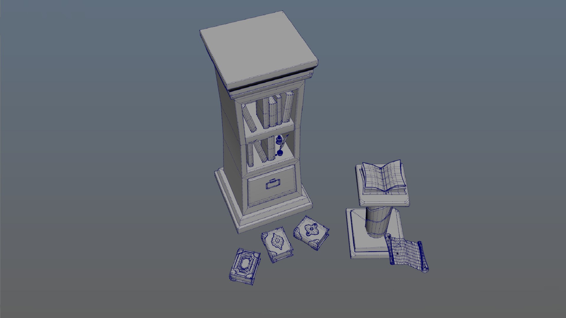 Stylized Set Stone Stand Bookcase Books Papyrus Scrolls Low-poly 3D ...