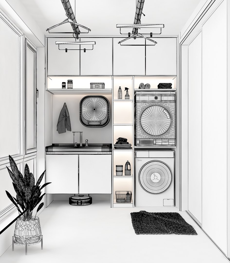 3D Modern North European Balcony Laundry Cabinet Combination Laundry ...