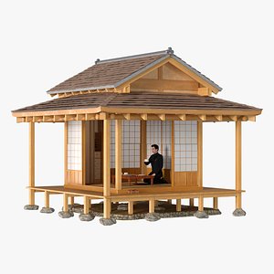 3D Japanese Man Having Tea in Traditional Tea House model