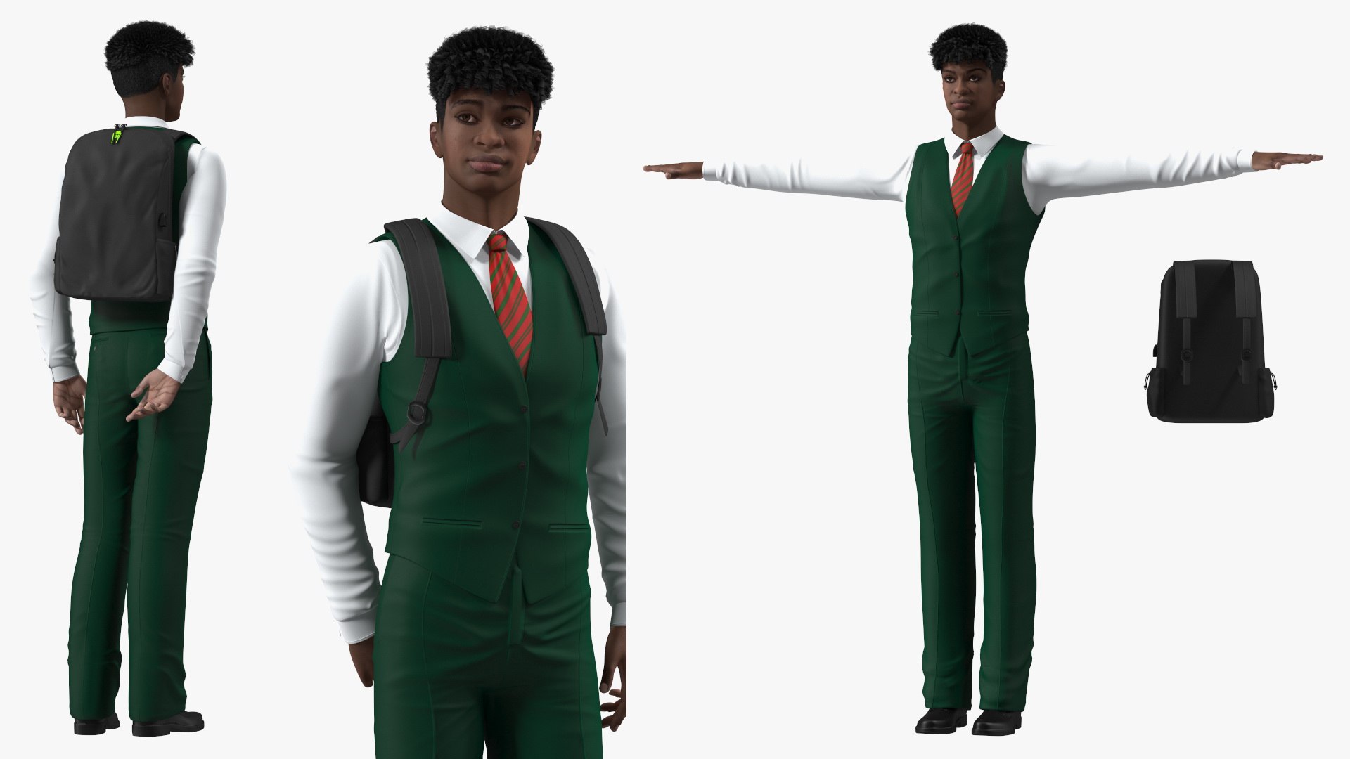 Black Teenager Dark Skin School Uniform Rigged for Cinema 4D 3D model preview