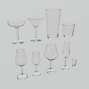 3D Game Ready Glassware Collection Wine Beer Shot Martini Water Glasses