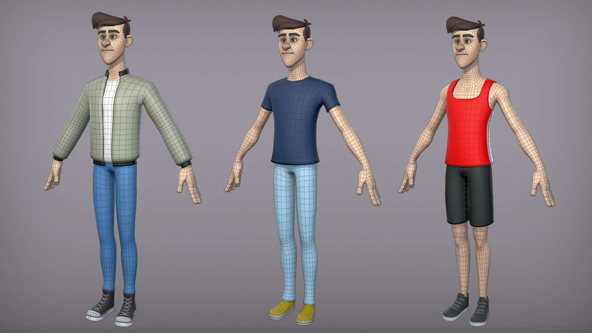 Cartoon man with 3 outfits 3D model https://p.turbosquid.com/ts-thumb/aX/BmkiAQ/L2/2.1/png/1620328568/1920x1080/fit_q87/6b2c90d08d2a8a39eae5eb3632c794db34a761b4/2.1.jpg