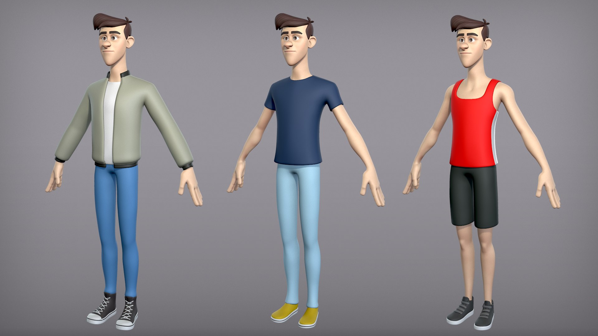 Cartoon man with 3 outfits 3D model https://p.turbosquid.com/ts-thumb/aX/BmkiAQ/ik/2/png/1620328562/1920x1080/fit_q87/daac773aabdb03bbed661495f81e2dc9cf42b4f6/2.jpg