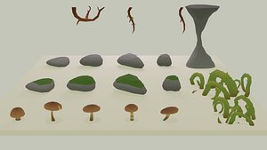 Low poly cave collection with mushrooms vegetation stones model