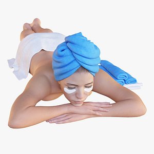 Woman in blue and white towels lies in a relaxed pose 3D