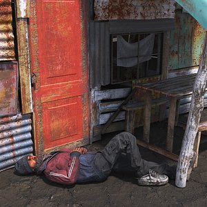 Small Rusty Shack with Awning and Sleeping Homeless Man 3D model