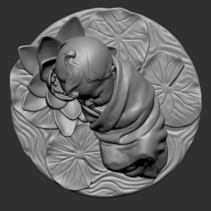 3D swaddled sleeping baby resting on a large lotus pad model