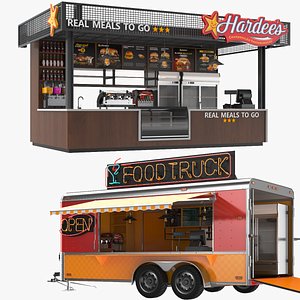 Two Detailed Fast Food Restaurants Kiosk And Truck