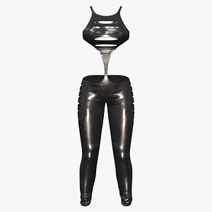 Black Shiny Leather Razor Cut Out Jumpsuit 3D model