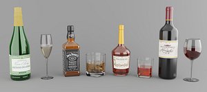 High poly set of 4 bottles with glasses