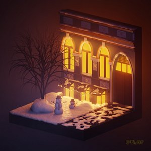 Night Snow Street City in Kiev Winter Light Scene 3D model