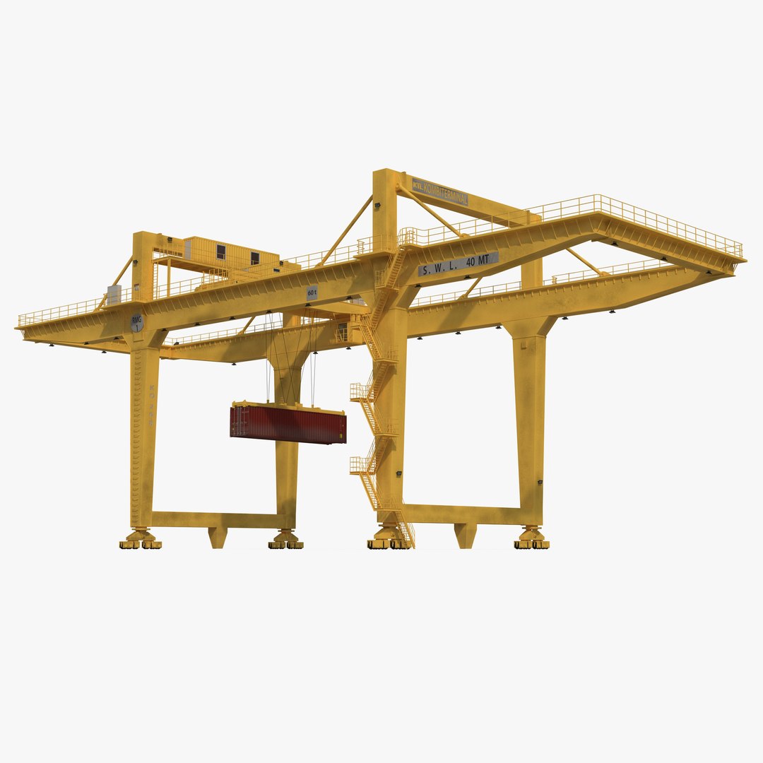 Rail Mounted Gantry Container Crane Yellow and 40 ft ISO Container 3D Model 3D model preview