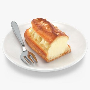 Vanilla Eclair on a White Plate with a Fork
