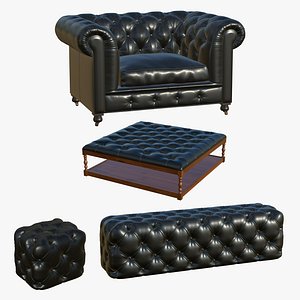 3D Chesterfield Sofa Realistic Leather Ottoman Black