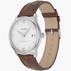 Classic Watch Brown Leather Bracelet White Dial 3D model