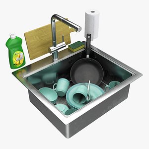 Sink with dishes frying pan cups and washing accessories model