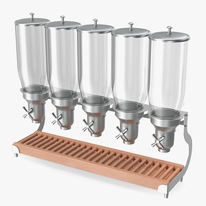 Dispenser Five Containers Sealed For Dry Food Storage Wooden Base 3D