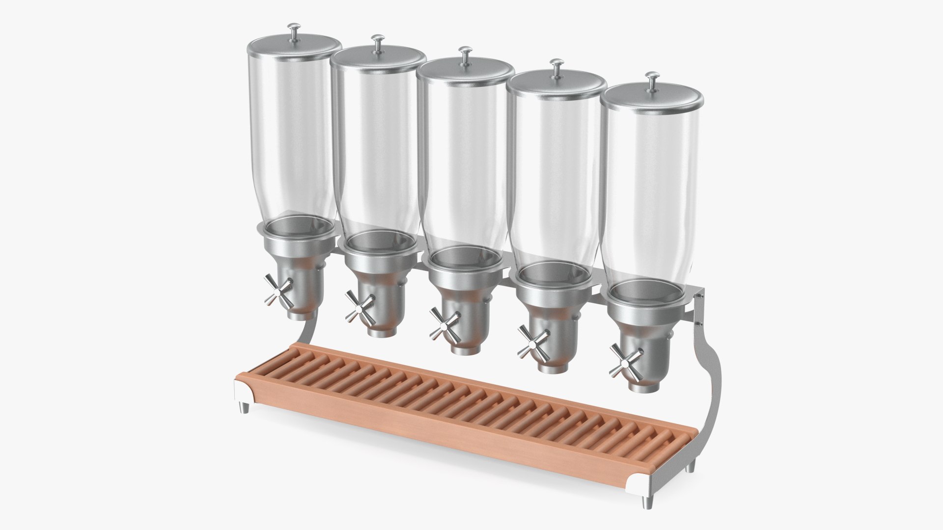 Dispenser Five Containers Sealed For Dry Food Storage Wooden Base 3D model preview