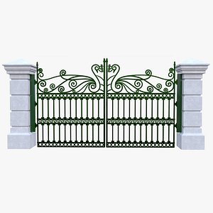 3D model Ornamental Green Wrought Iron Gate with Stone Pillars 3D Model