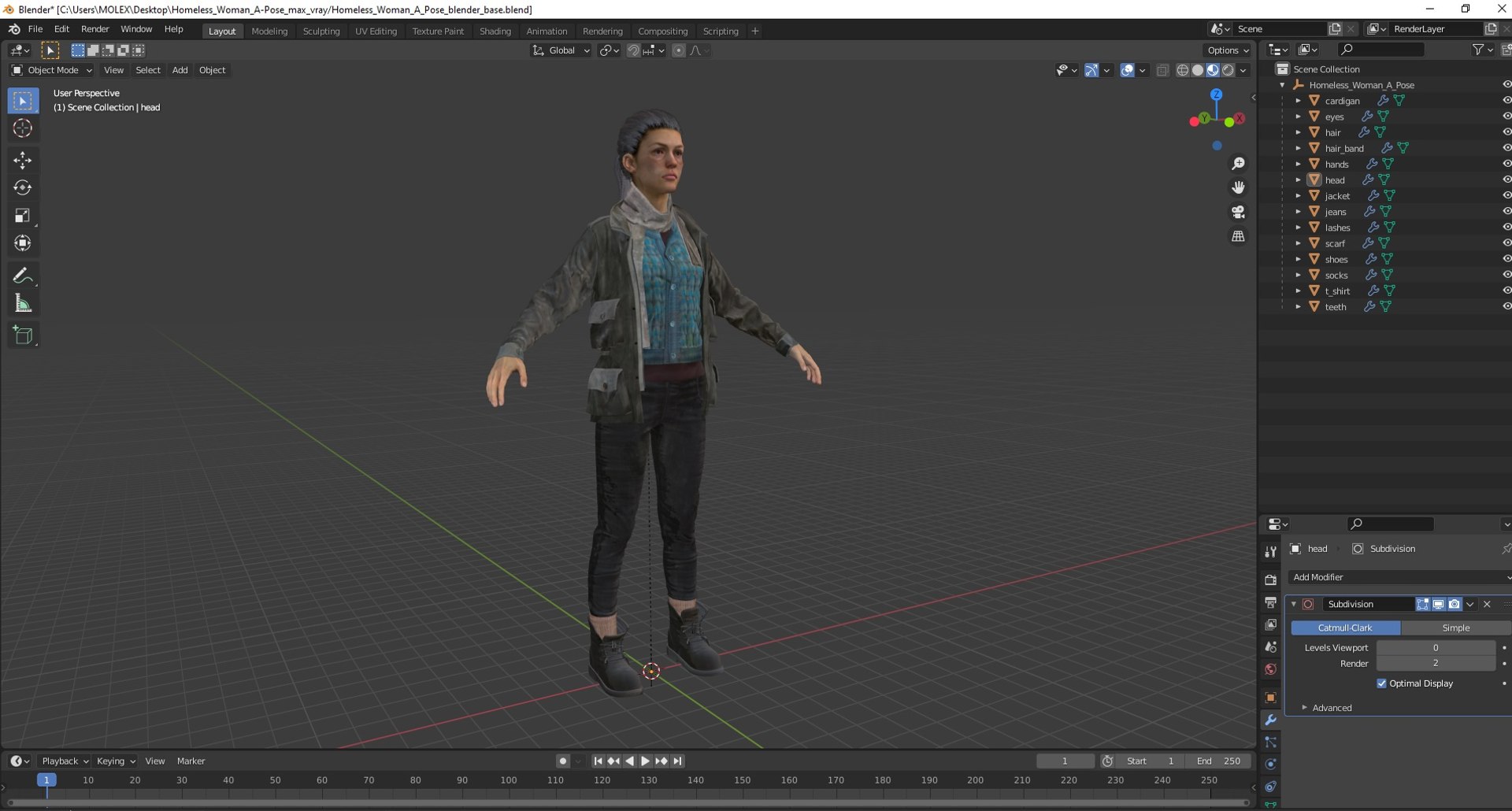 Homeless Woman A-Pose 3D https://p.turbosquid.com/ts-thumb/ah/cWA1Hz/Kk/homelesswomanapose3dmodel025/jpg/1721751042/1920x1080/fit_q87/b6baac6fbd08c3acf60cef854b9de8d1937fae7b/homelesswomanapose3dmodel025.jpg