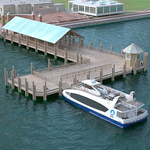 3D Dock Pier with NYC Ferry Boat on Water