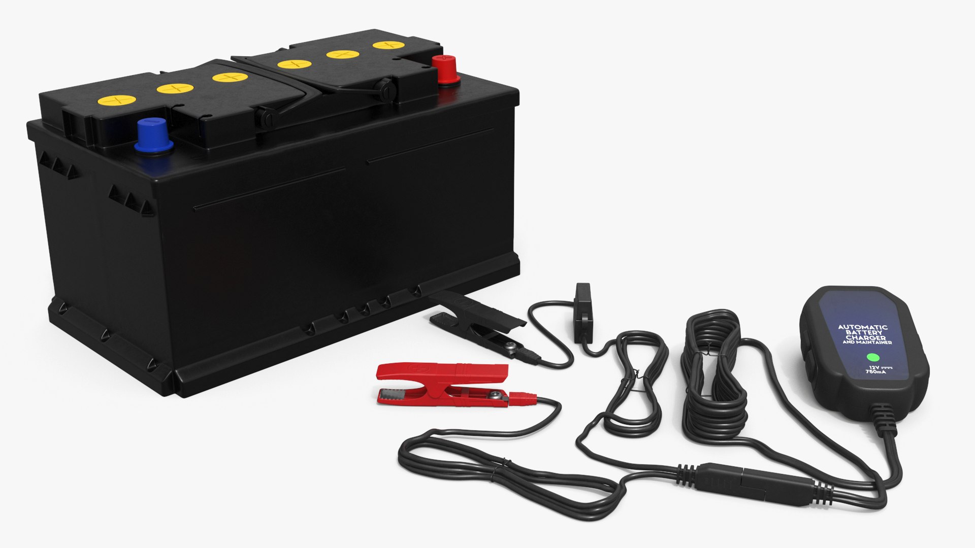 12V Car Battery with Smart Charger and Clamps 3D model preview
