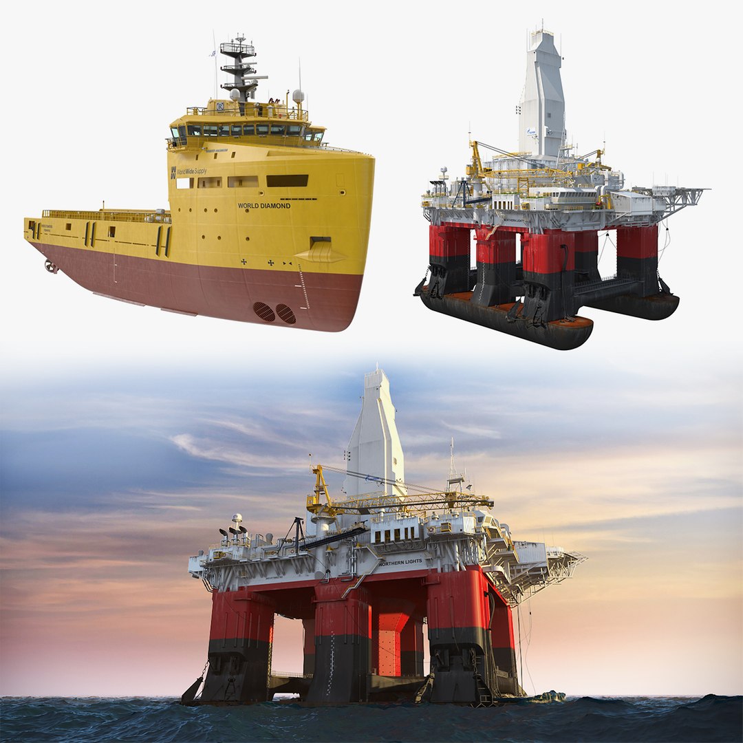 Submersible Drilling Rig and Platform Supply Vessel PSV Collection 3D model preview