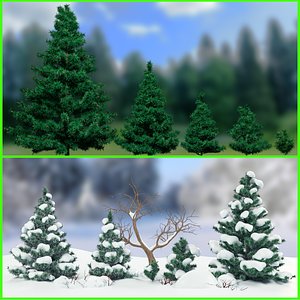 3d winter fir trees bush