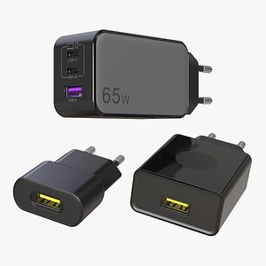 3 USB Power Adapters EU Black 3D model