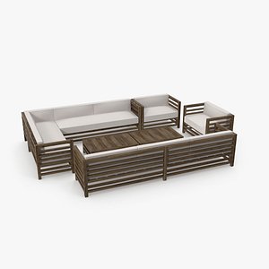Set of Wood Outdoor Sofas and Table 3D model
