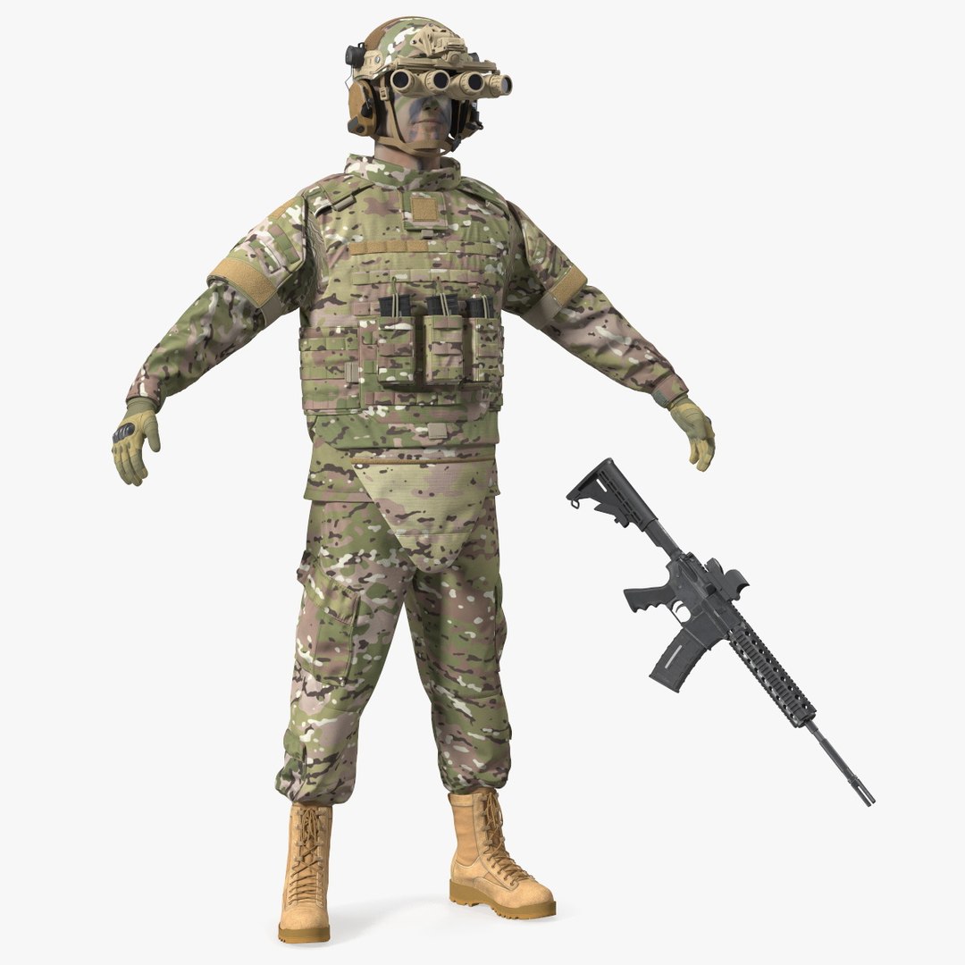 Military Soldier Green Camo with Night Visor A-pose Fur 3D model preview