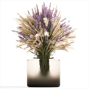 3D Small bouquet of wildflowers lavender pampas vase 332