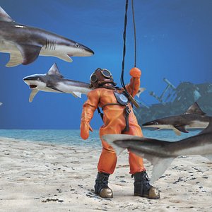 Retro Diving Gear Surrounded by Sharks