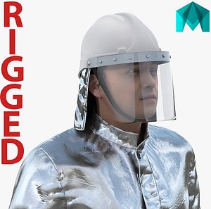 Firefighter Wearing Aluminized Fire Proximity Suit Rigged for Maya 3D Model