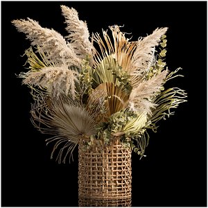 Bouquets of dried flowers with palm leaves in a basket 3D