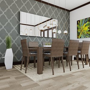 3D Dinning Room Wood Mirror Table Plants set model