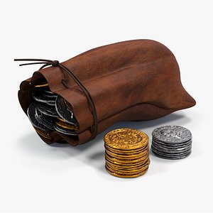 Leather pouch bag with golden and silver antique coins