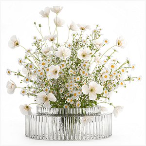 Realistic flower bouquet of white poppy chamomile in glass vase 612 3D model