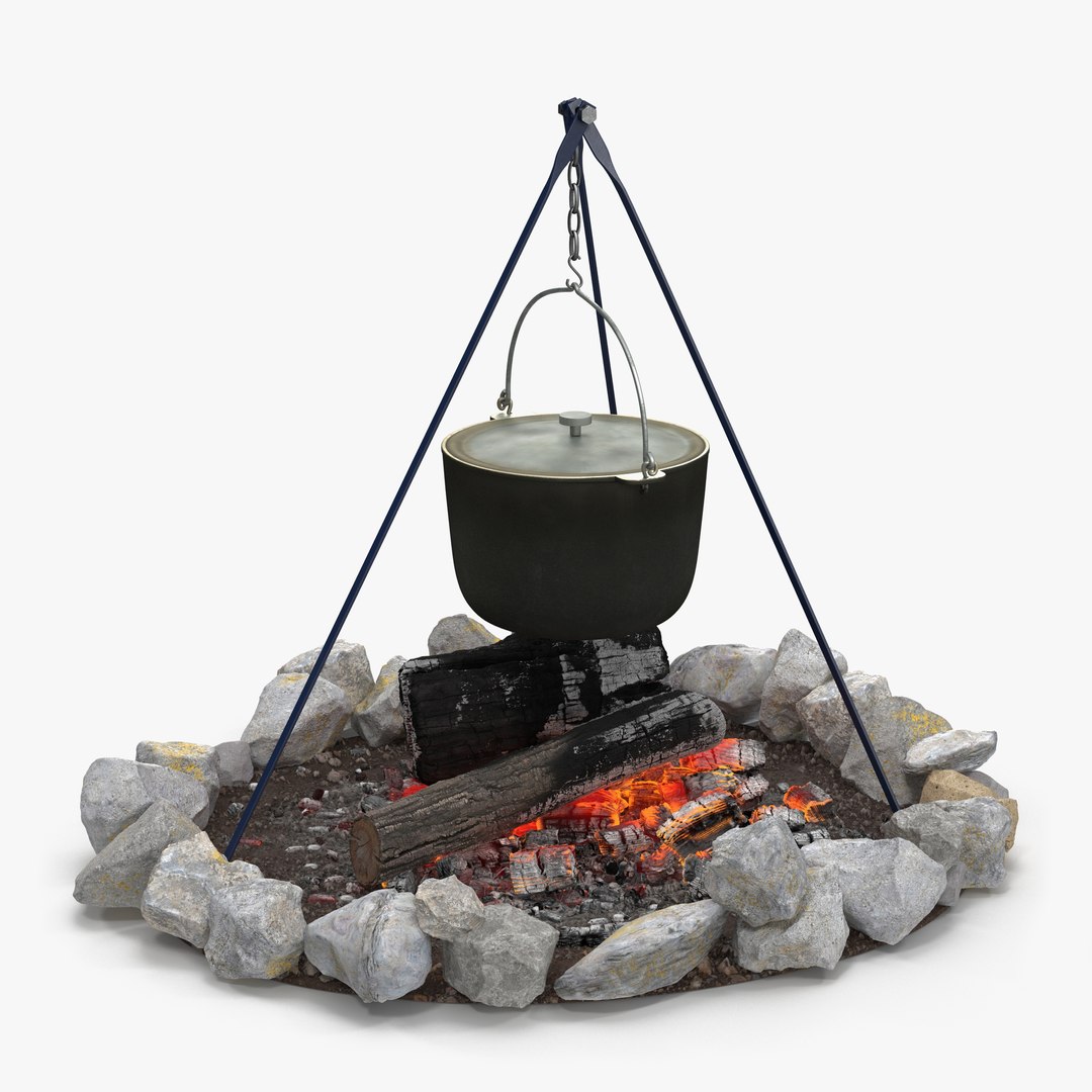 Campfire with Tripod and Cooking Pot 3D model preview