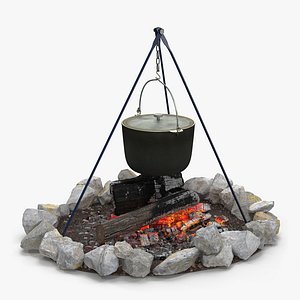 Campfire with Tripod and Cooking Pot