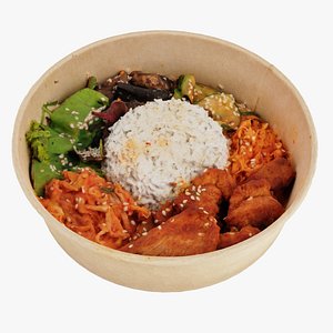 Bibimbap Korean rice dish Poke bowl lunch with rice pork and cabbage