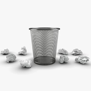 3D trash bin crumpled paper model
