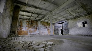 3D Abandoned garage hall with damaged wooden gate model