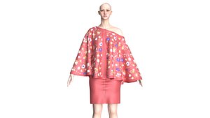 3D Ladies Printed Cape Tops With Skirt - Outfit model