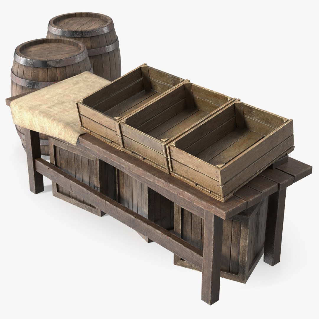 Wooden Market Stall with Barrels and Crates 3D model preview