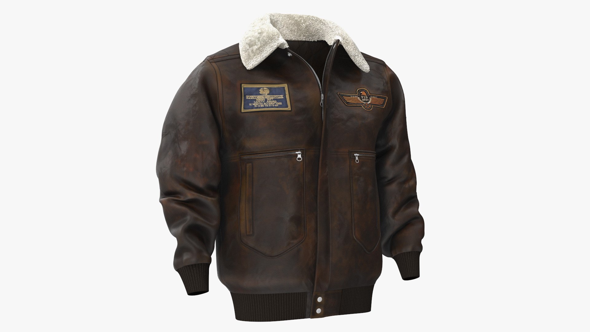 Real Leather Aviator Jacket Brown Old Fur 3D model preview